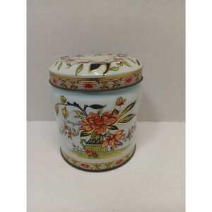 Vintage Daher Floral Tin Canister Made in England Blue Orange Gold Chinoiserie